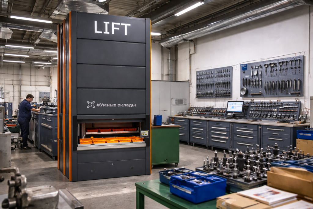 Автоматический стеллаж Mono-Lift с режущим инструментом в окне выдачи