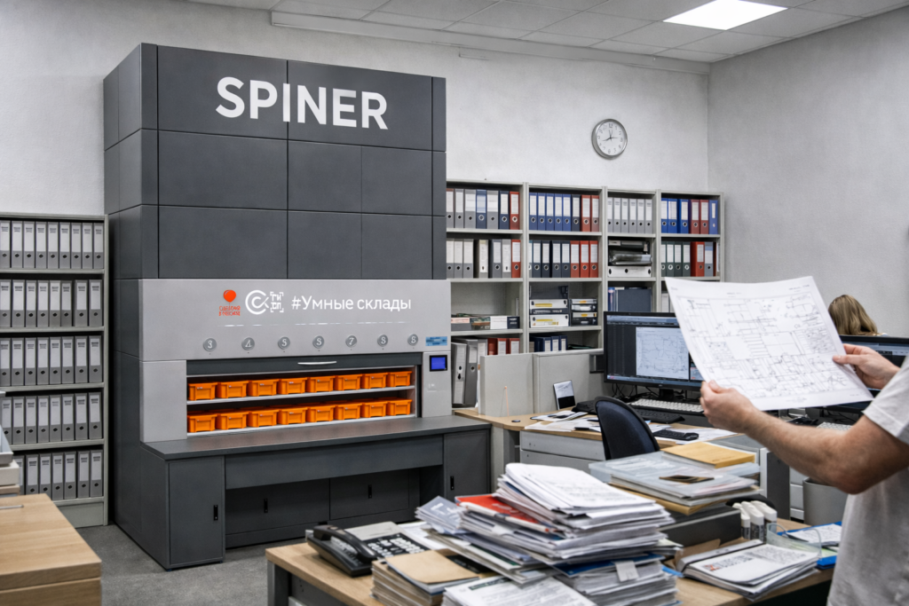 Облегчённый карусельный стеллаж SPINER с папками и проектной документацией в офисном помещении