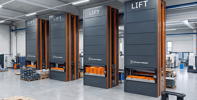 Кластер лифтовых модулей Multi-Lift на производственном складе с оператором у окна выдачи